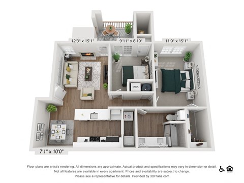 Floor plan for 2 beds, 1 bath, 925 sqft